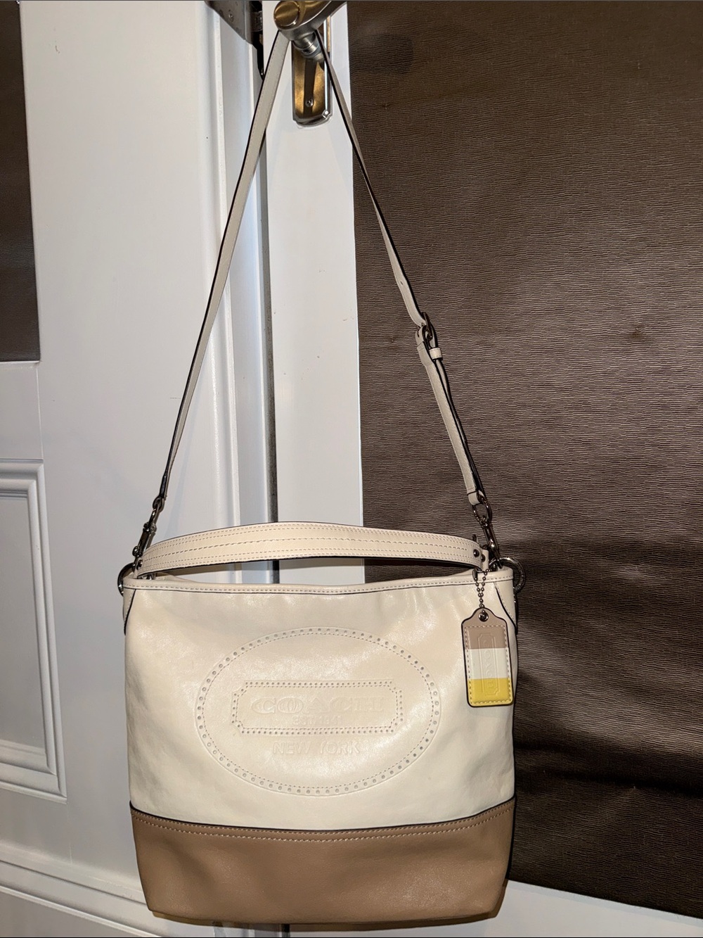 Coach Two-Tone Leather Shoulder/Crossbody Bag in White and Tan